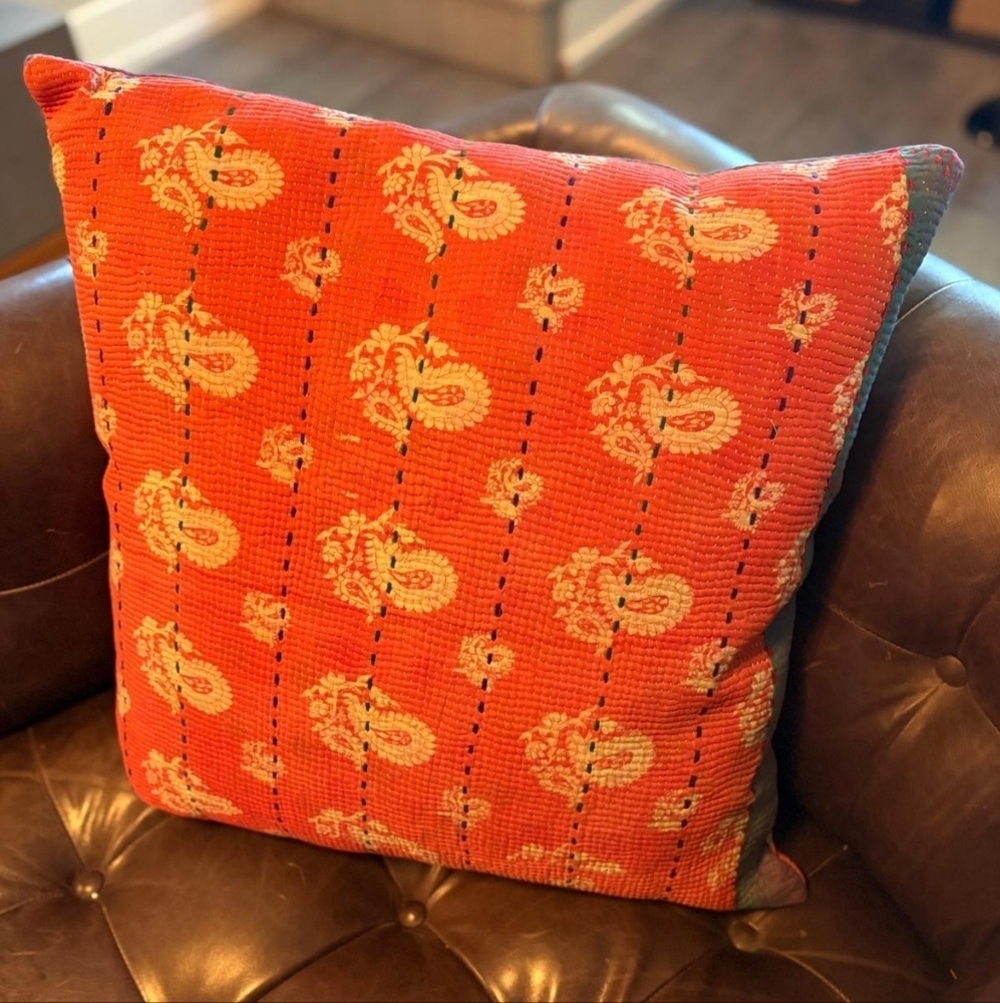 NWT Vintage One Of A Kind Sari Kantha Pillow-22in Orange/Cream Paisley